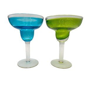 VTG Mexican Heavy Hand Blown Margarita Glass Set Of 2, Sky Blue & Lime Green 7"